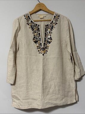 Michael Kors Embellished Cream Linen Tunic Top
